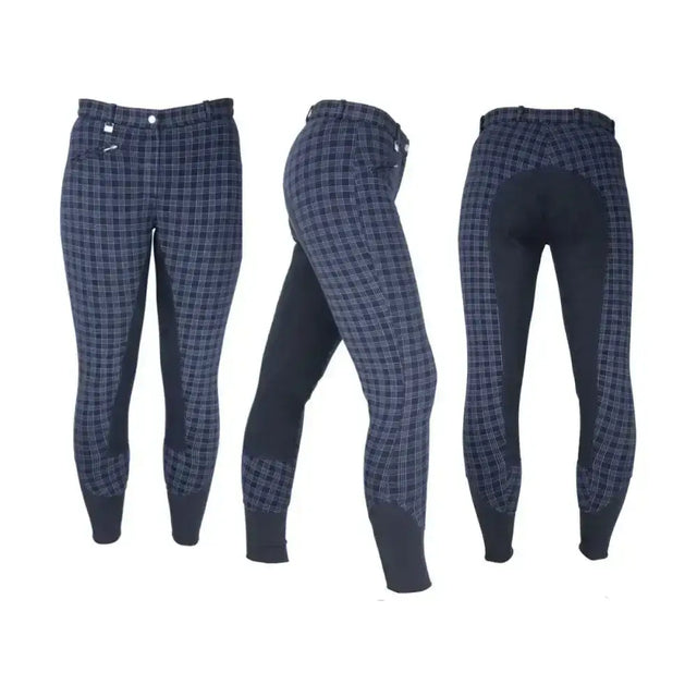 Navy blue and white plaid harby ladies breeches with black reinforced panels ideal for equestrian harby ladies use