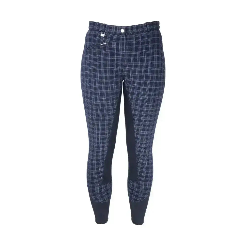 Navy blue and white plaid hy equestrian harby ladies breeches with black leather panels on thighs and lower legs