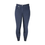 Navy blue and white plaid hy equestrian harby ladies breeches with black leather panels on thighs and lower legs
