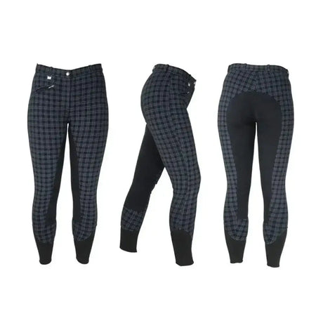 Black and gray plaid hy equestrian harby ladies jodhpurs with black reinforced panels for stylish jodhpurs look
