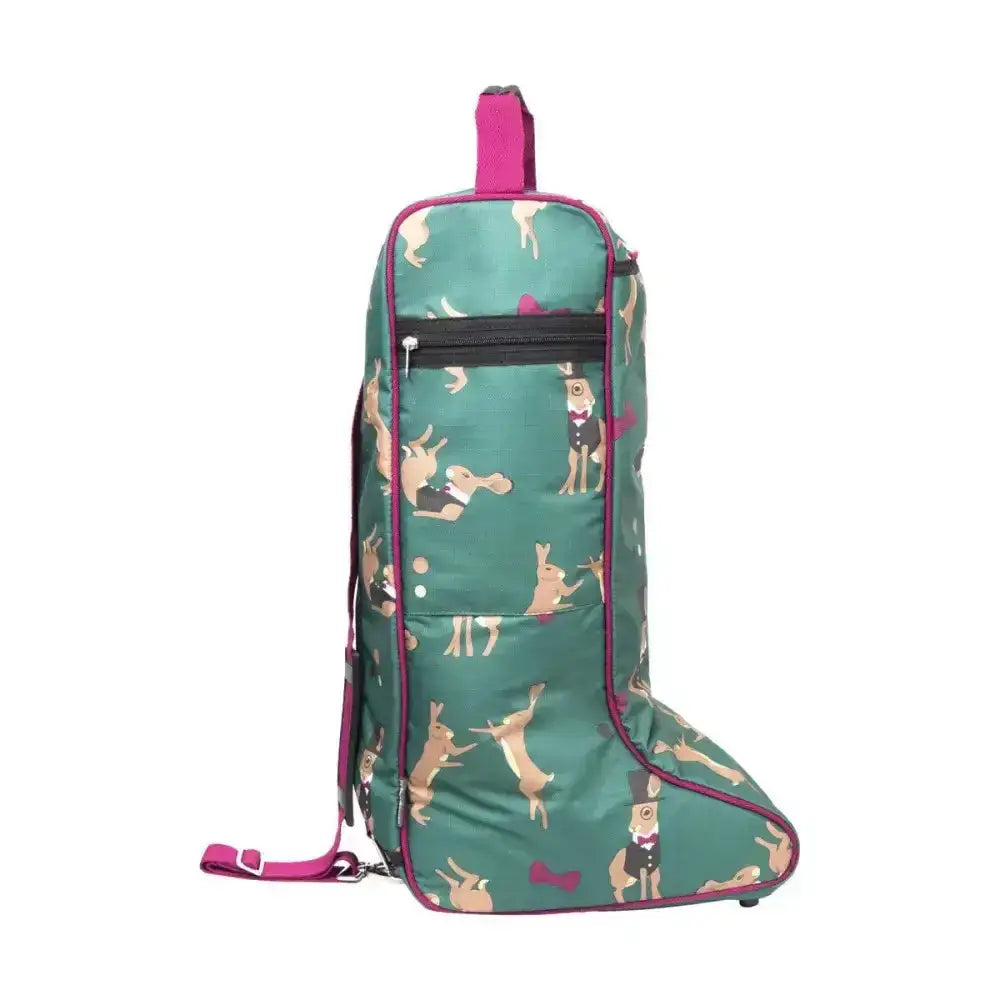 Teal equestrian harrison hare boot bag featuring cartoon rabbits and magenta trim for riding boot storage