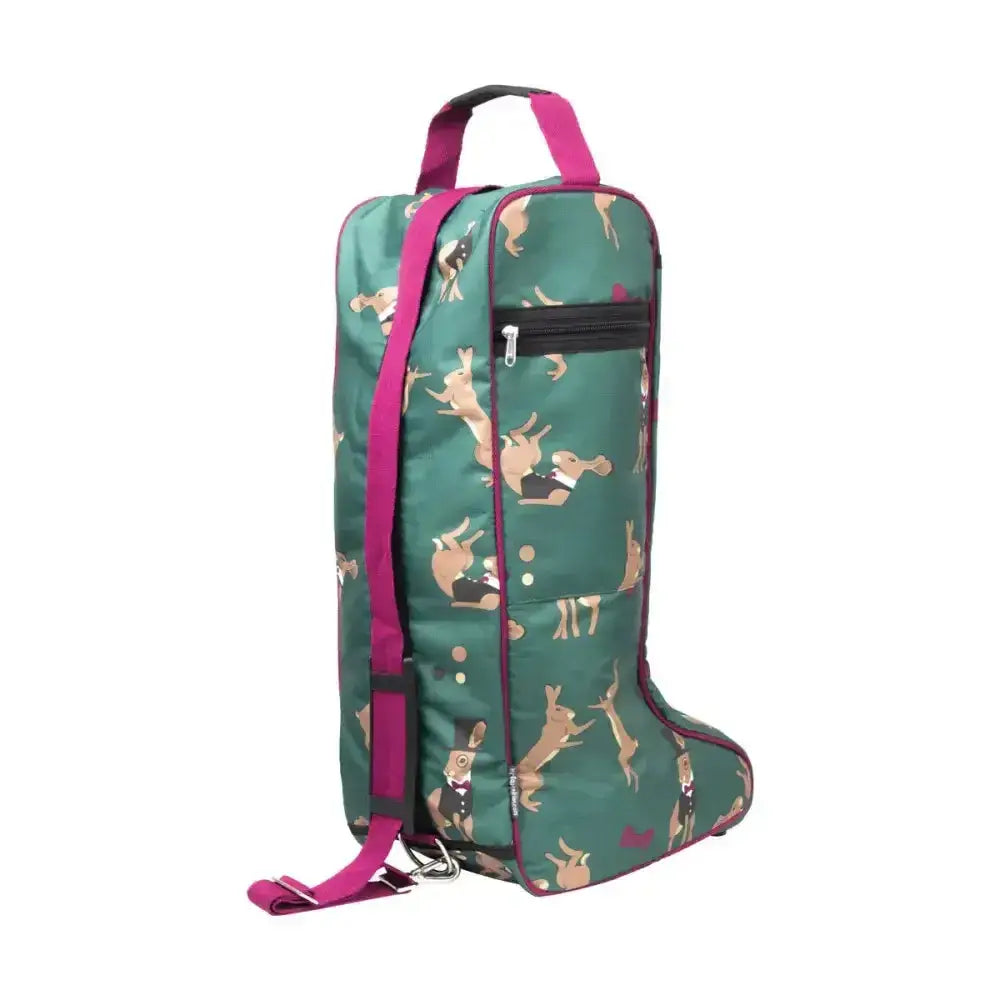 A green and magenta hy equestrian harrison hare boot bag with playful tan rabbits, perfect for riding boots