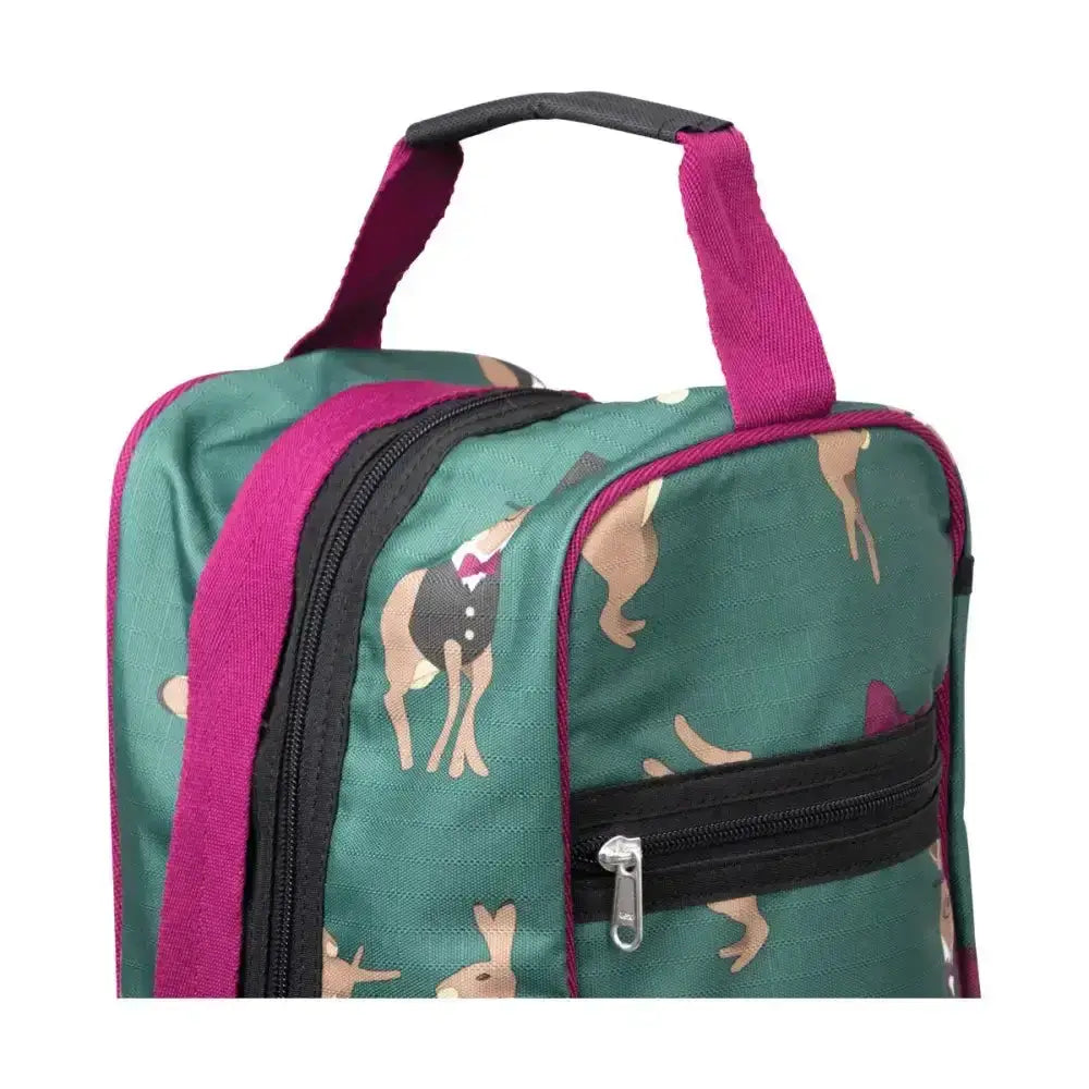 Teal and magenta insulated hare boot bag with playful rabbit pattern from equestrian harrison for riding boot storage