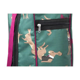 Green fabric hare boot bag with playful beige rabbits and magenta black trim by equestrian harrison for riding boots