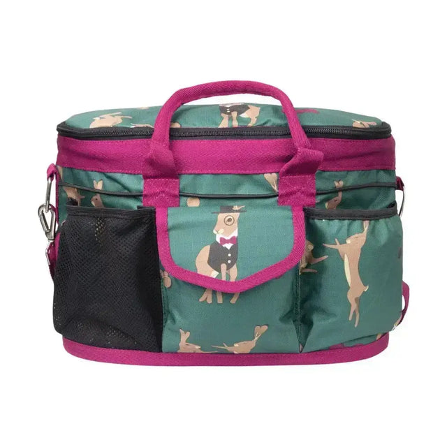 Teal and magenta insulated hare grooming bag with playful cartoon rabbit pattern from equestrian harrison limited edition