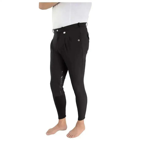 Black equestrian harrogate men’s breeches with sleek fit and subtle perforated panels on the thighs