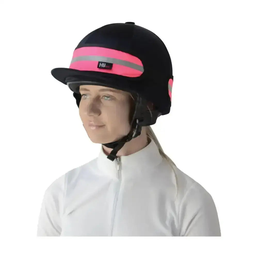 Black equestrian hat band with bright pink reflective stripe silver accent band featuring hu brand logo fits riding hats