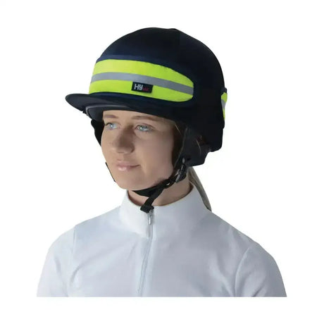 Black equestrian hat band with bright yellow reflective stripes and hu brand label fits riding hats by hy equestrian