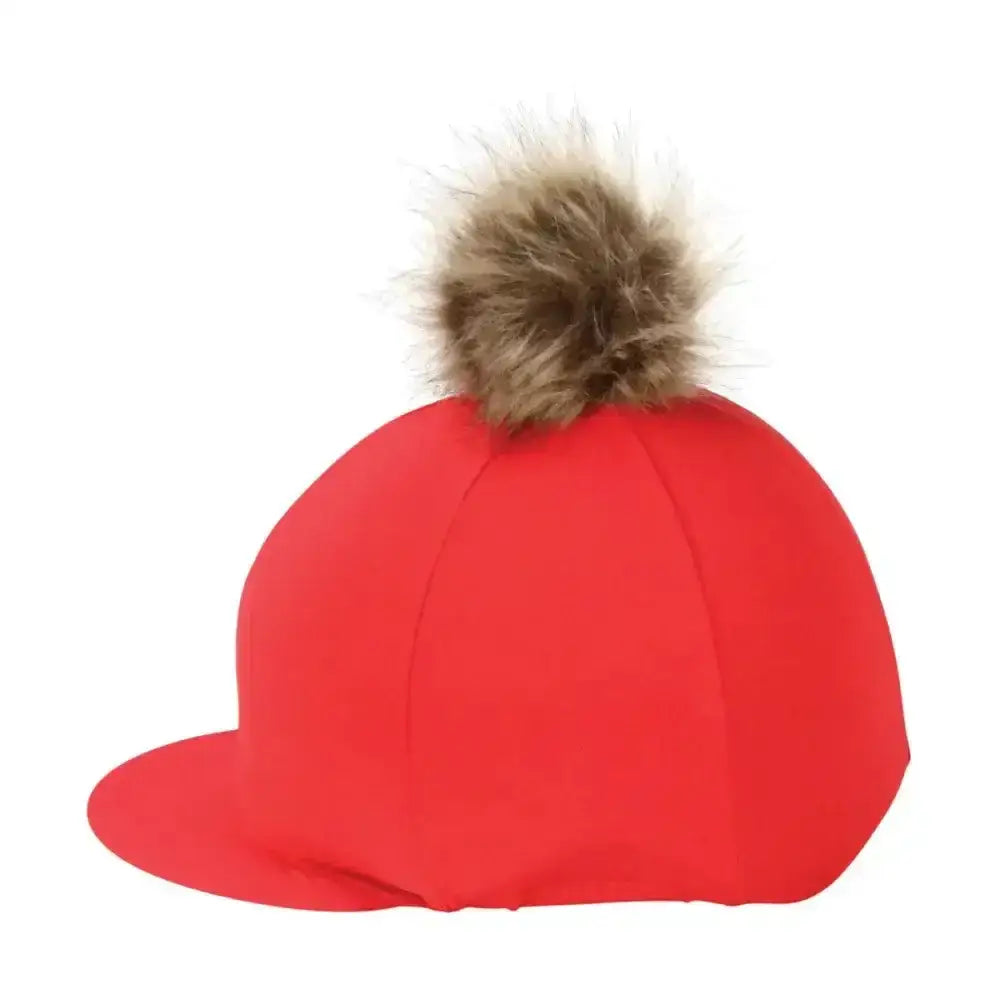 Red equestrian hat cover with brown faux fur pom pom made of stretchy lycra for a comfy fit