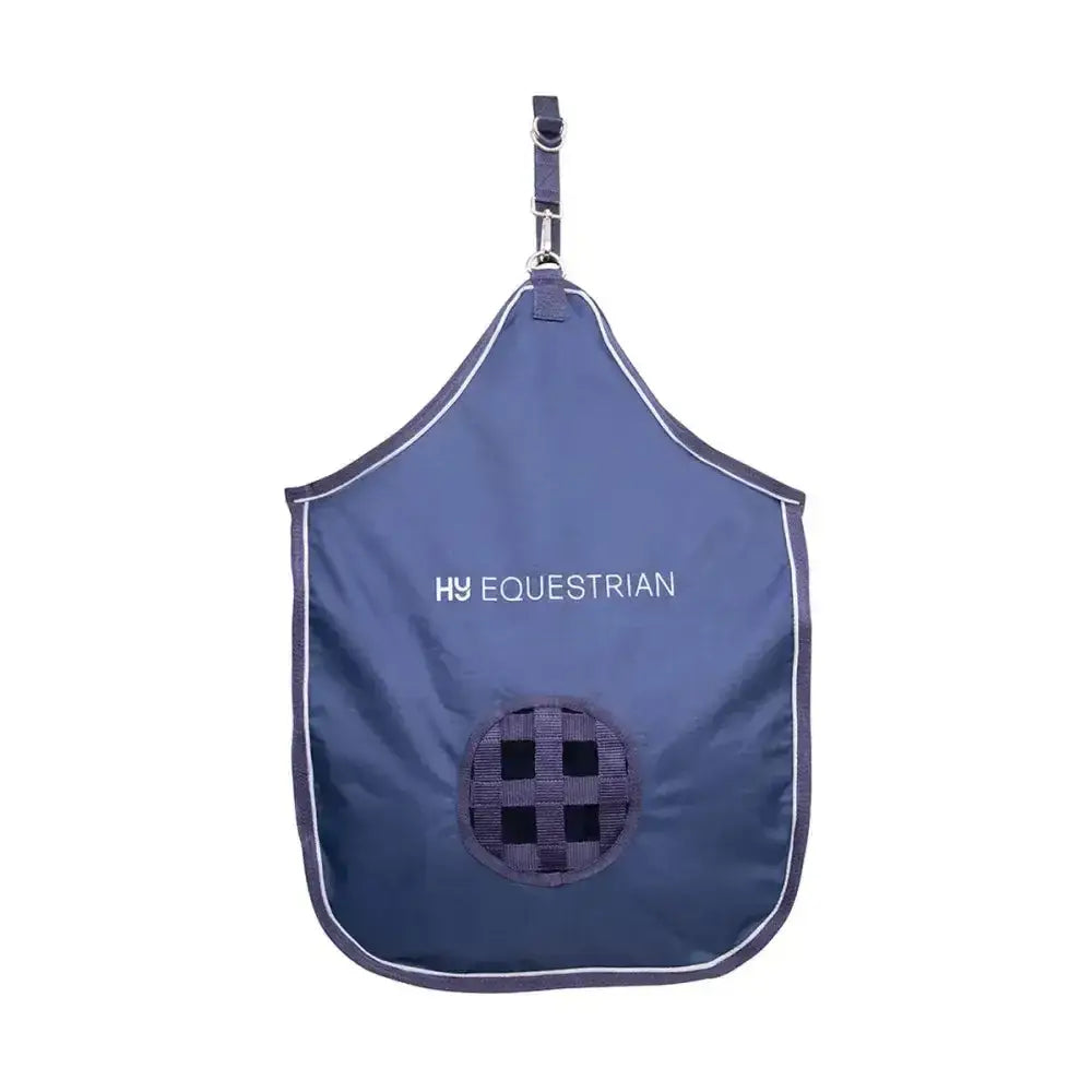 Navy blue hy equestrian hay bag with white stitching and circular mesh opening for horse feed and hay bags