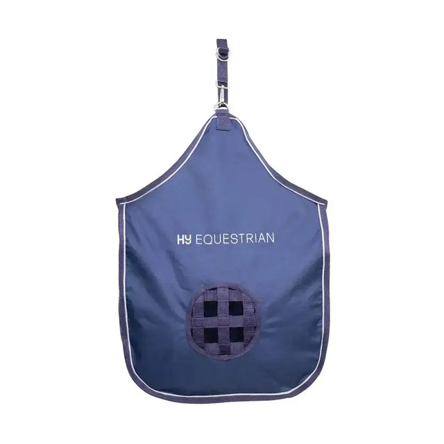 Navy blue hy equestrian hay bag with white stitching and circular mesh opening for horse feed and hay bags