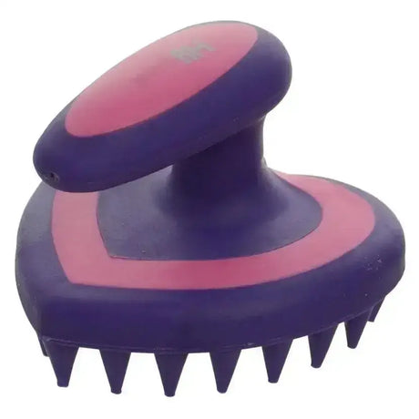 Purple and pink plastic equestrian heart massage brush with rounded handle and conical bristles for heart shape massage
