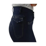 Back view of dark blue highgrove ladies breeches with white stitching and rhinestones on pocket for a sophisticated look