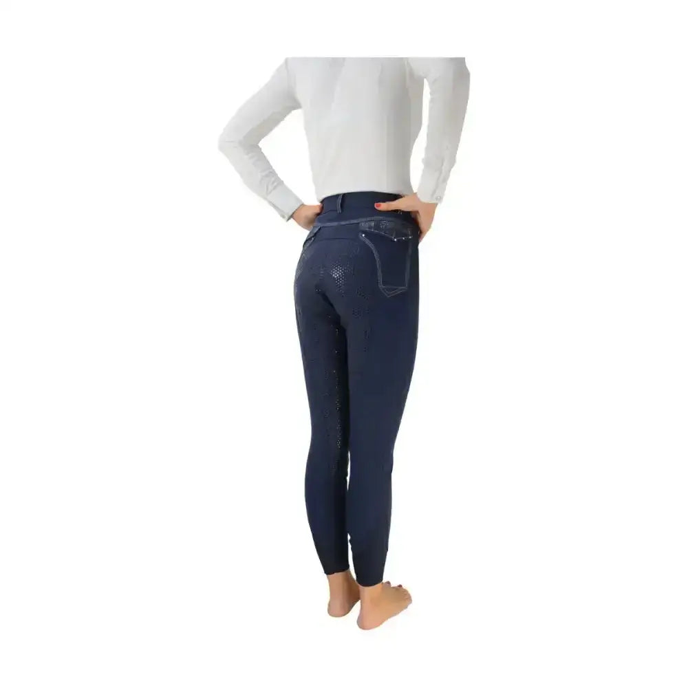 Navy blue highgrove ladies breeches with subtle perforations and stitched pocket detail perfect for equestrian wear