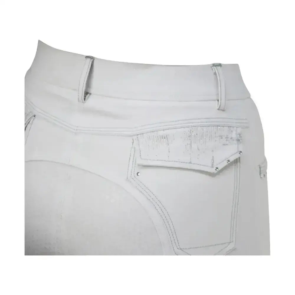 Back view of white denim highgrove ladies breeches with silver studded embellished pocket and subtle stitching details