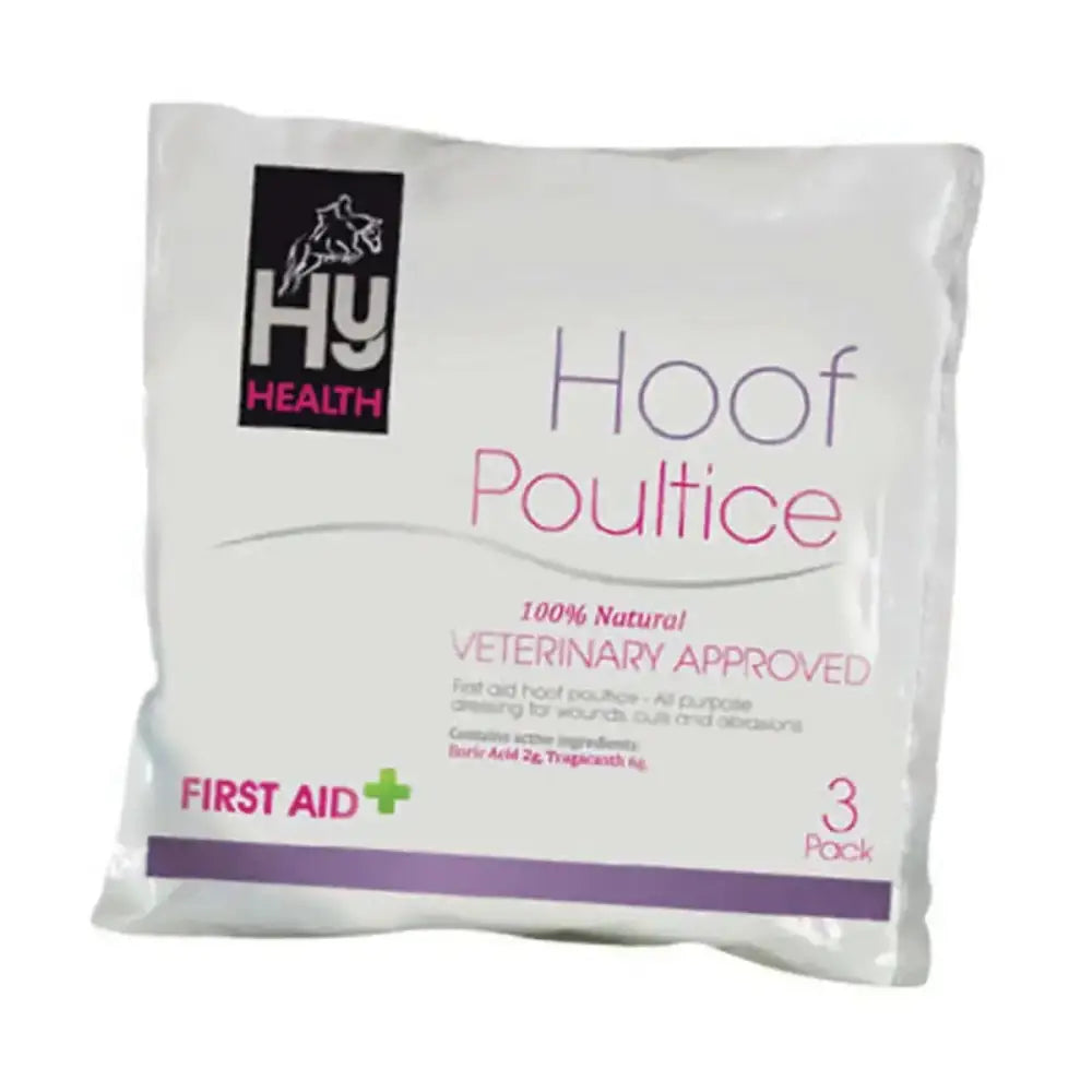 White and purple packaged hy equestrian hoof poultice 3-pack veterinary approved for horse’s hoof care first aid