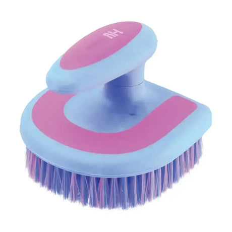 Pink and light blue hy equestrian horseshoe brush with soft pp bristles and purple bristles for horse grooming