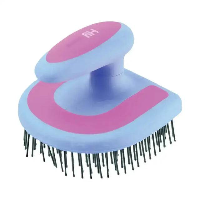 Pink and light blue plastic equestrian horseshoe mane brush with black bristles for easy grooming of horses