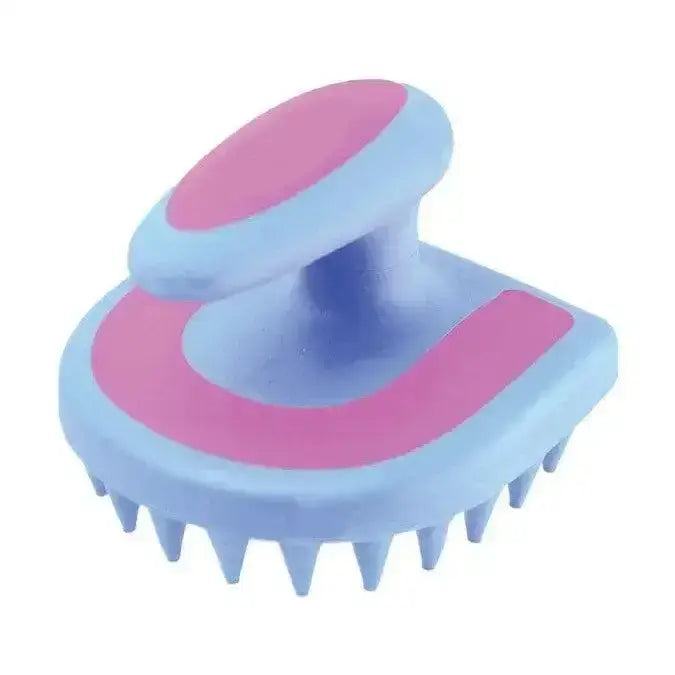 Pink and light blue plastic hy equestrian horseshoe massage brush with rounded handle and bristle tips for grooming