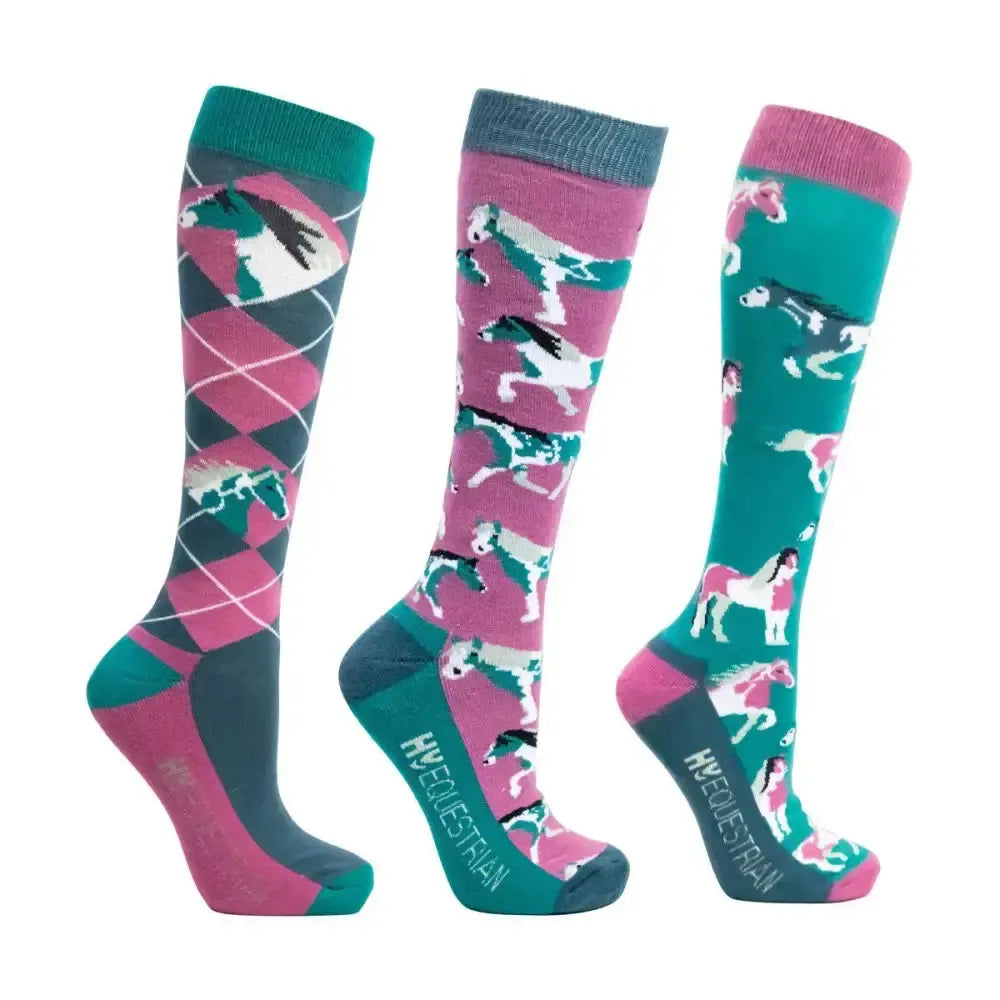 Hy Equestrian Horsing Around Socks (Pack of 3) Teal/Berry 4 - 8 Riding Socks