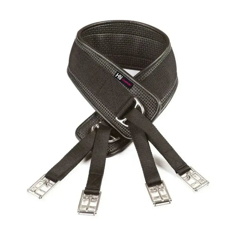 Black hy equestrian humane waffle girth with textured fabric silver metal buckles for a comfortable girth fit