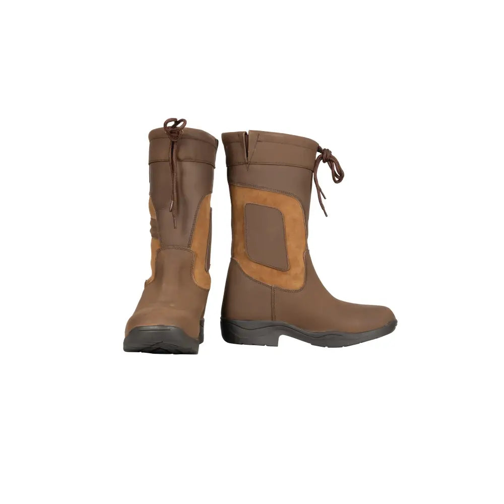 Brown and tan buffalo leather equestrian hurdlow short country boots with a sturdy design for riding use