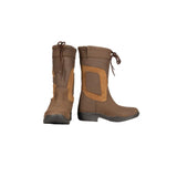 Brown and tan buffalo leather equestrian hurdlow short country boots with a sturdy design for riding use