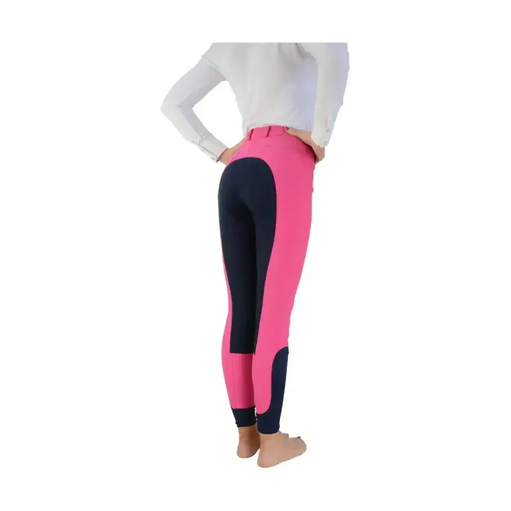 Bright pink and black hy equestrian hyedition full seat breeches with sleek, form-fitting design for riding breeches