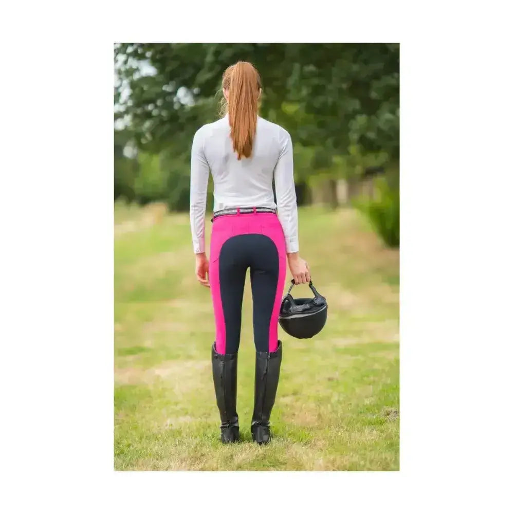 Fuchsia and black full seat breeches with sleek form-fitting design perfect riding breeches from hy equestrian
