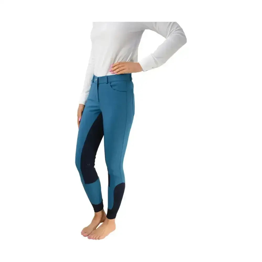Teal and black hy equestrian hyedition breeches with reinforced knee panels for comfortable riding breeches use