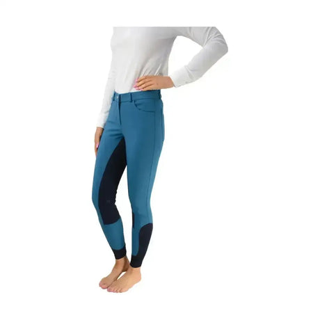 Teal and black hy equestrian hyedition breeches with reinforced knee panels for comfortable riding breeches use