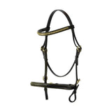 Black leather hy equestrian elegant in-hand bridle with eye-catching clencher adorning and gold-colored metallic accents