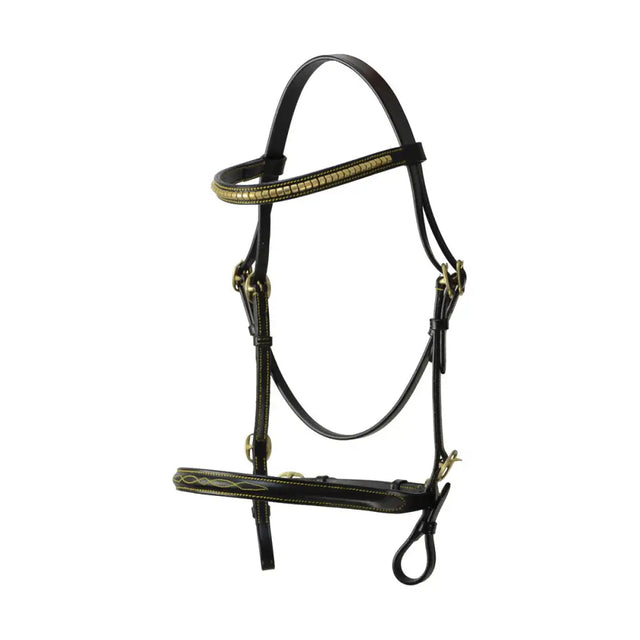 Black leather hy equestrian elegant in-hand bridle with eye-catching clencher adorning and gold-colored metallic accents