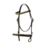 Black leather hy equestrian elegant in-hand bridle with gold metallic accents and eye-catching clencher adorning