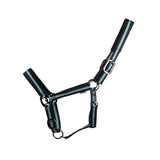 Black and teal striped nylon ink head collar with silver blue ink hardware for equestrian use by Hy Equestrian