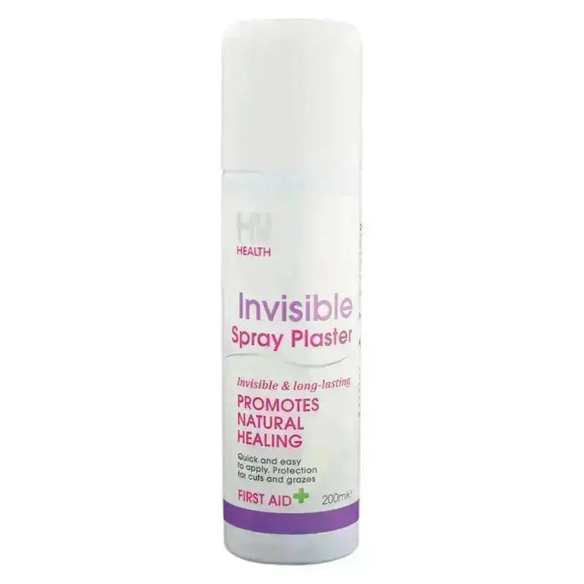 White cylindrical equestrian invisible spray plaster bottle with purple and pink label for quick cut and graze care