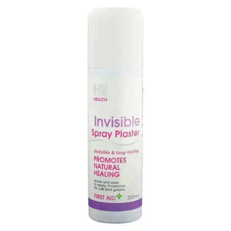 White cylindrical equestrian invisible spray plaster bottle with purple and pink label for quick cut and graze care