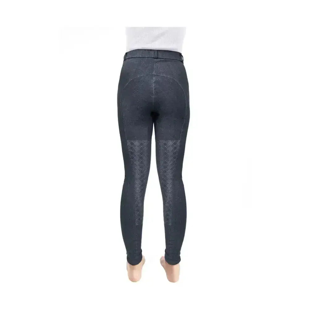 Black Hy Equestrian Jesmond Jewel denim look tights with textured thigh panels for equestrian athletes