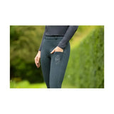 Dark gray hy equestrian jesmond jewel denim look tights with subtle geometric embroidery on thigh pocket for equestrian athletes