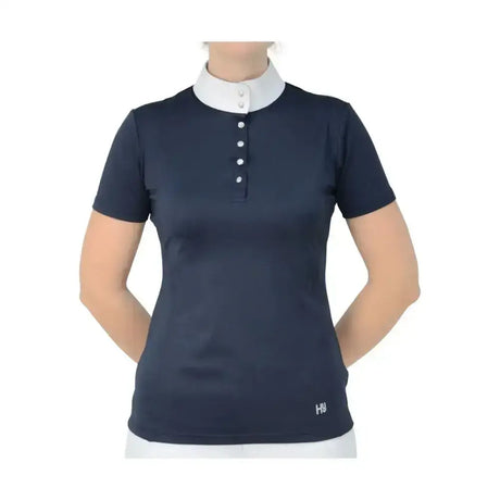Navy blue short-sleeved equestrian joanna glam polo shirt with white collar and breathable material perfect choice
