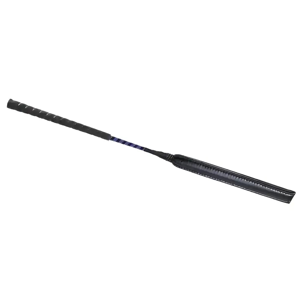 Black leather hy equestrian jockey whip with textured grip and blue stitching for cross country riding point riders