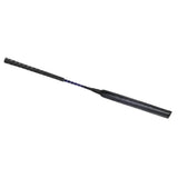 Black leather hy equestrian jockey whip with textured grip and blue stitching for cross country riding point riders