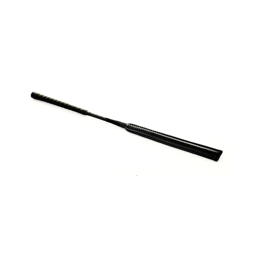 Black leather equestrian jockey whip with textured grip and stitched detailing perfect for cross country riding and point riders