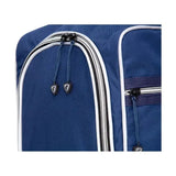 Blue fabric zipped hy equestrian jodhpur boot bag with white and black zipper trim and matching drawstring pulls
