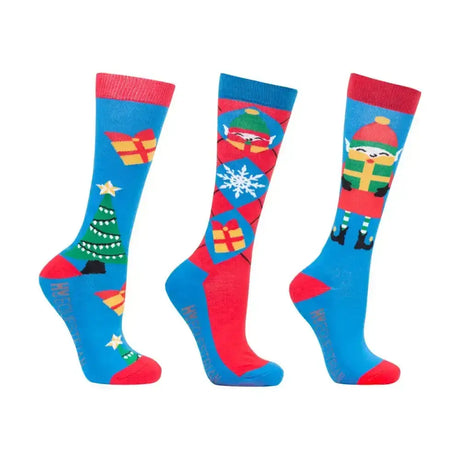 Three festive blue hy equestrian jolly elves children’s socks with red accents and argyle style pattern featuring jolly elf character