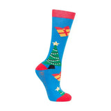 Blue hy equestrian jolly elves kids socks with a red top green tree and gifts in a fun argyle style pattern