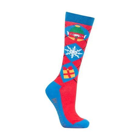 A festive red and blue hy equestrian jolly elves sock with cartoon elf snowflake and gift box design for adults
