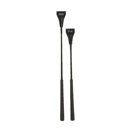 Black leather equestrian jump bat with textured grip matching jump handle and leather keeper by hy equestrian