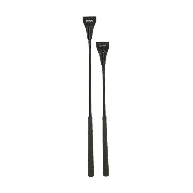 Black leather equestrian jump bat with textured grip matching jump handle and leather keeper by hy equestrian