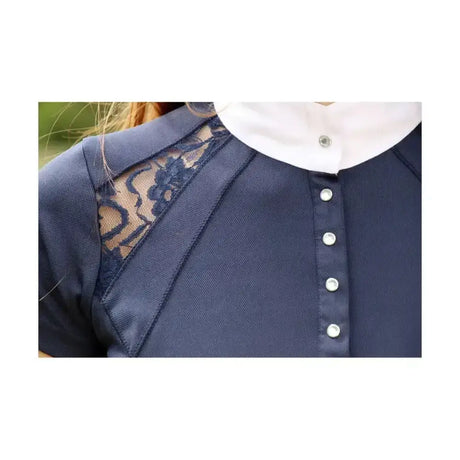 Navy blue equestrian laila lace show shirt with white collar and stunning cut perfect for riding events
